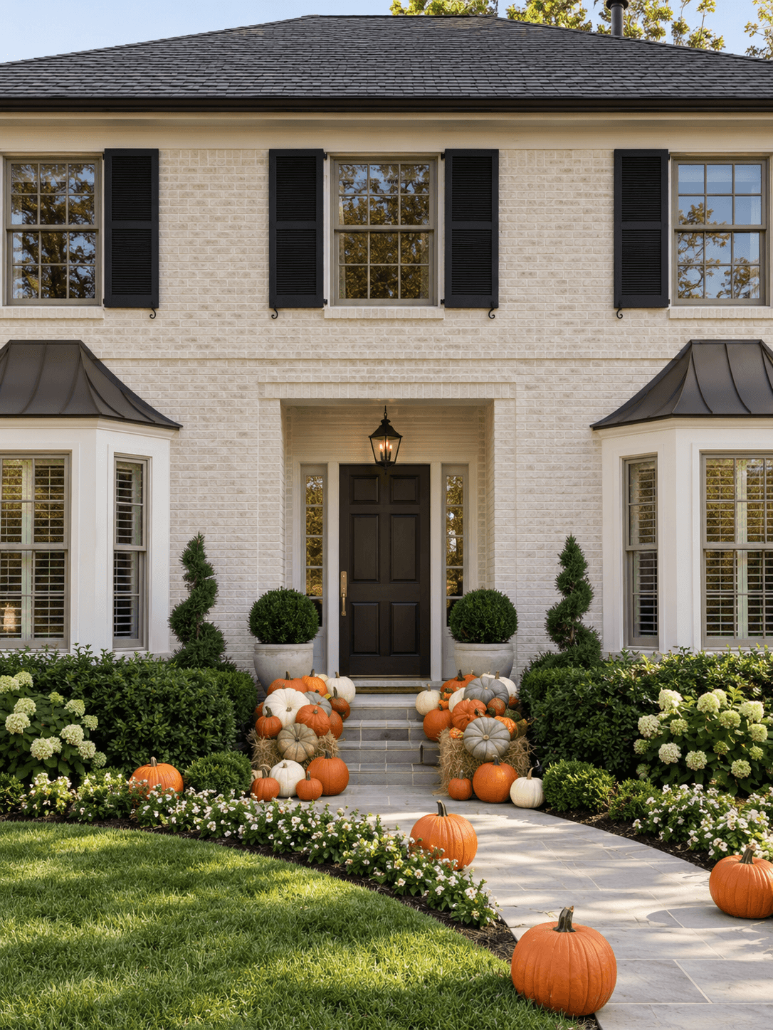 Orange, ivory and sage pumpkins around the steps and garden path of a white brick home
