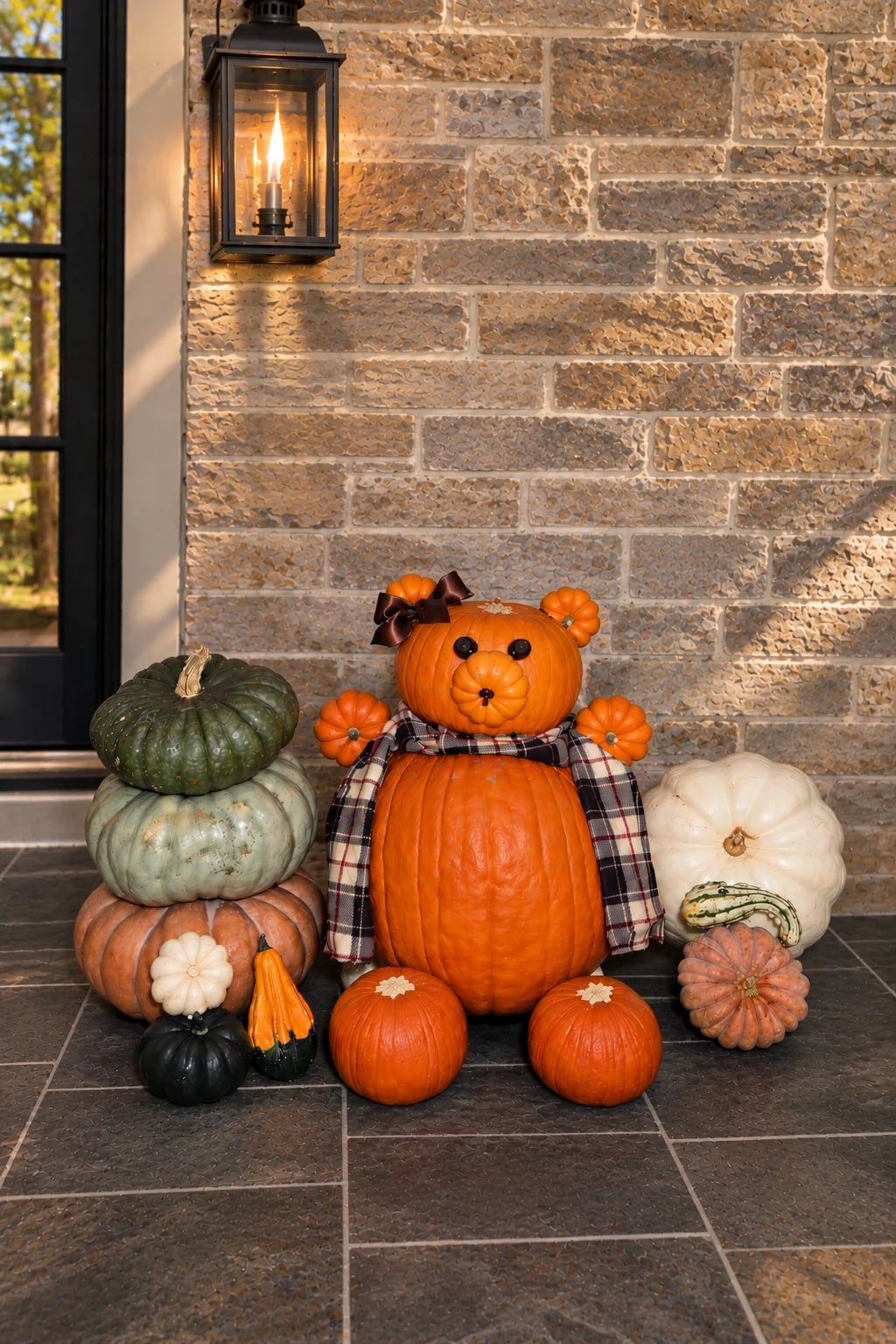 A teddy bear made from orange pumpkins, wearing a brown bow and a plaid scarf, among heirloom pumpkins beside a stone wall
