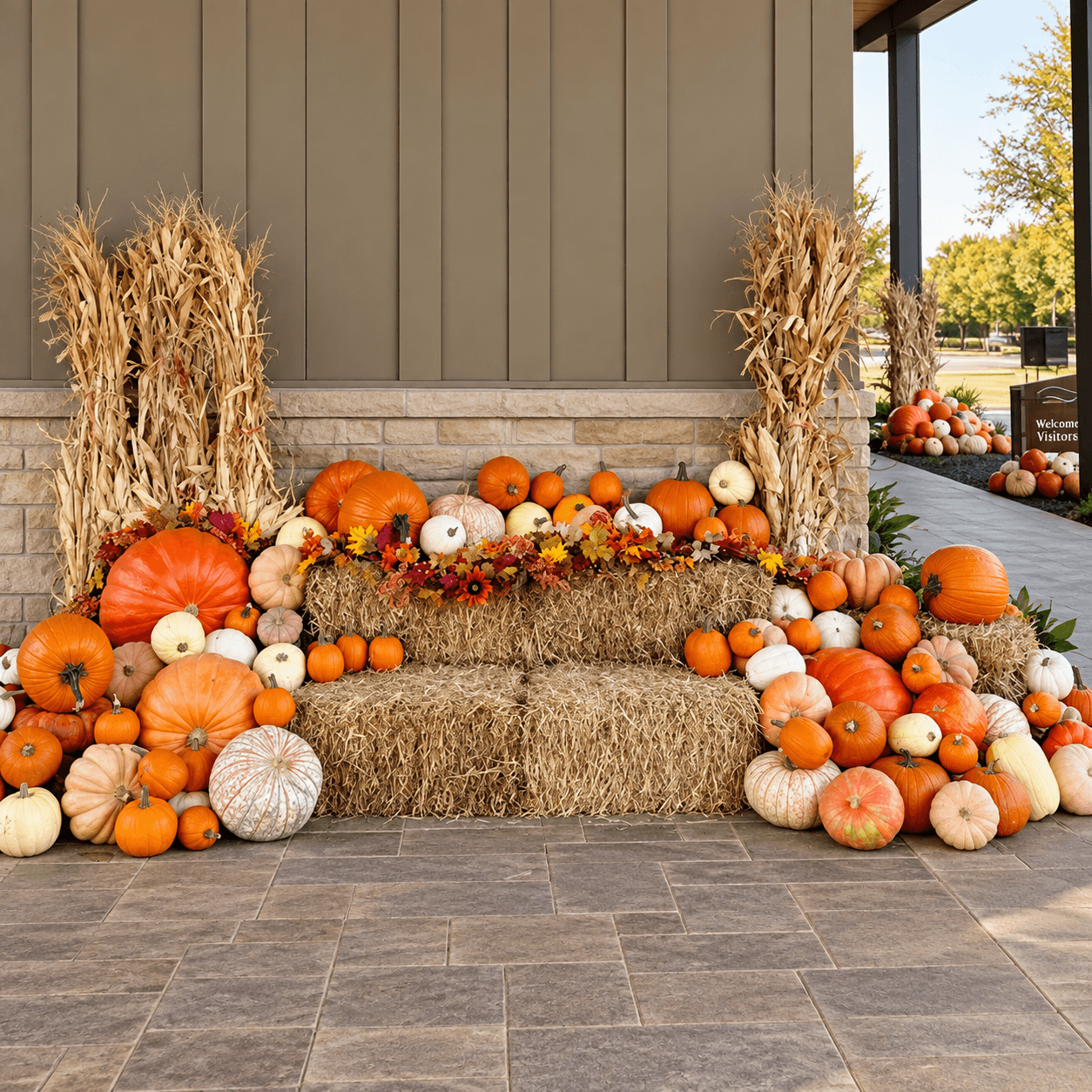 Pumpkins, autumn flowers and corn stalks framing hay-bale seating beside a commercial entrance