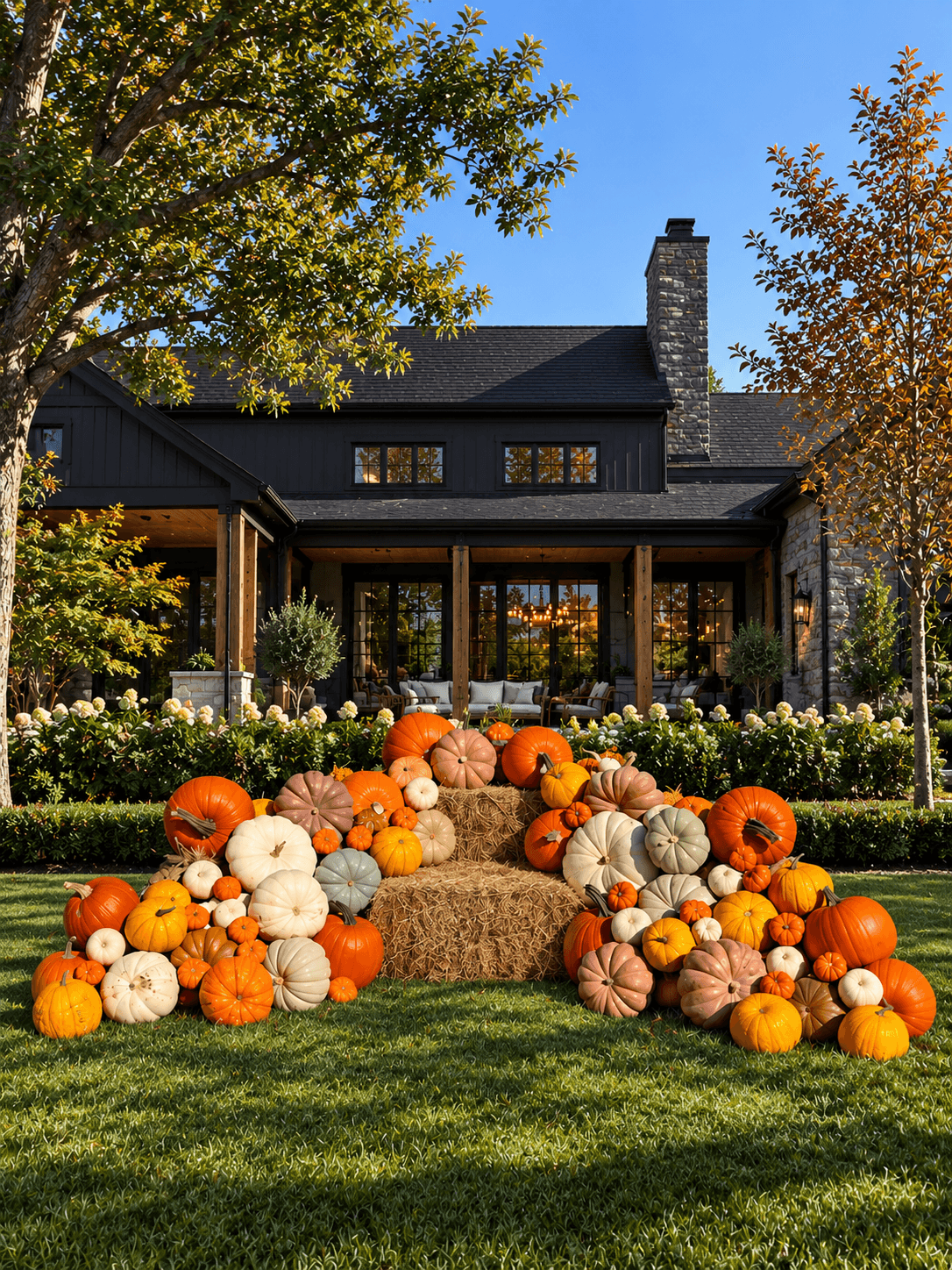 Orange, ivory, blush and sage pumpkins surrounding tiered hay bales on a large home's lawn
