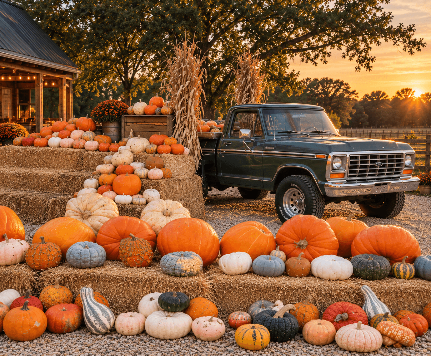 Pumpkins, hay bales and corn stalks arranged beside a vintage green truck at sunset