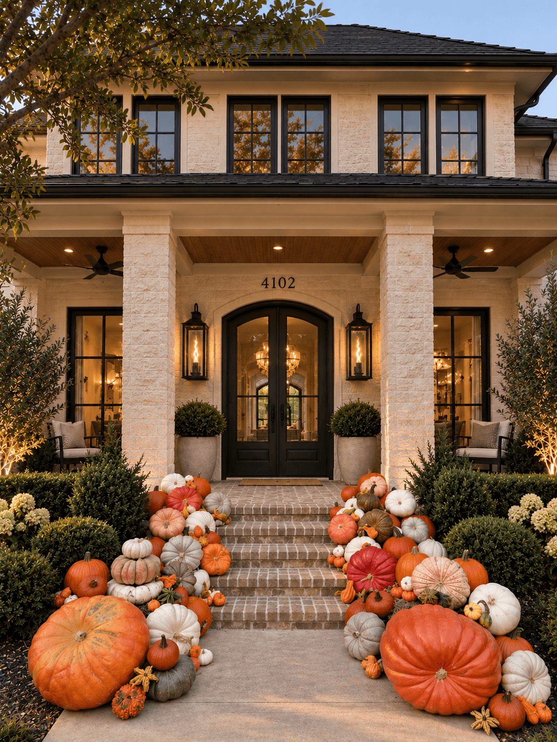 Abundant colorful heirloom pumpkins beside brick steps and a black arched doorway between white stone columns