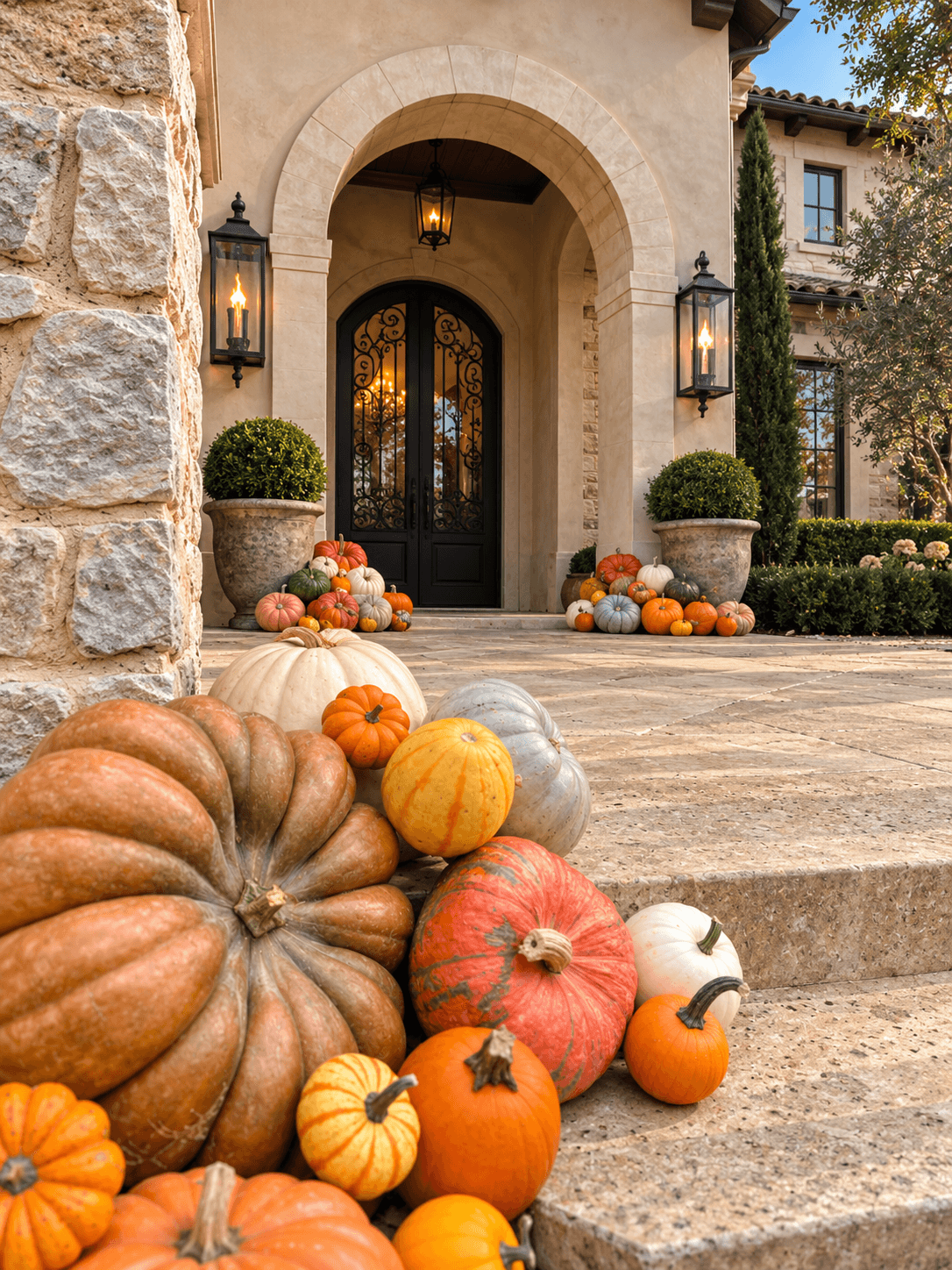 Ivory, orange, blush and sage pumpkins in the foreground of a pale stone entrance with arched iron doors and lanterns