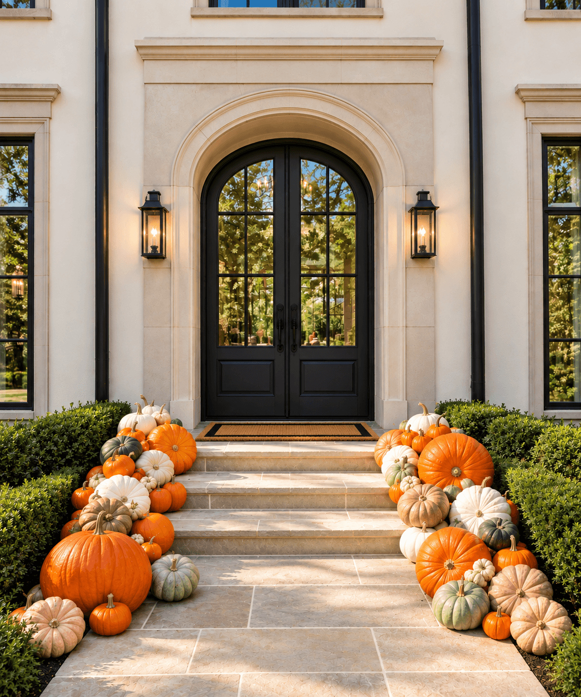 Large orange, ivory, blush and sage pumpkins lining pale stone steps beneath arched black double doors