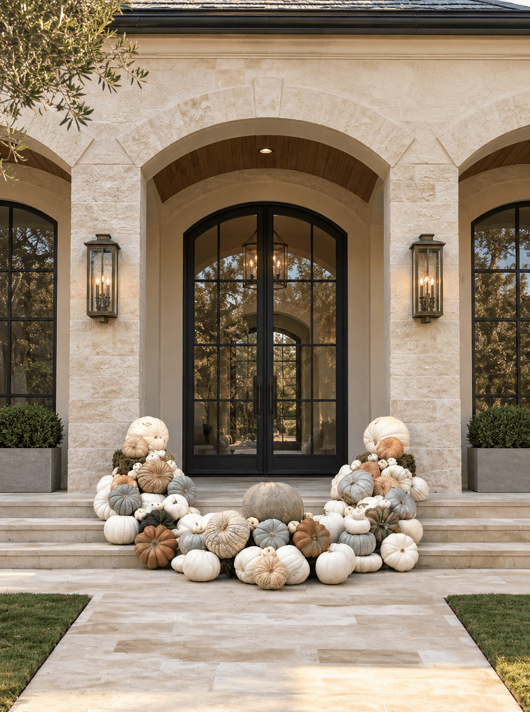 Ivory, blush, sage and taupe pumpkins layered across pale stone steps beneath arched black double doors