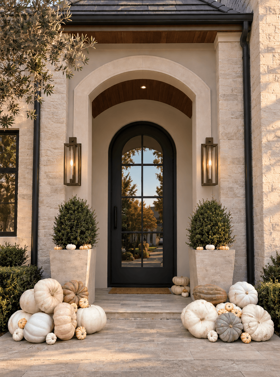Ivory, blush and sage pumpkins beside a black arched doorway and two tall stone planters
