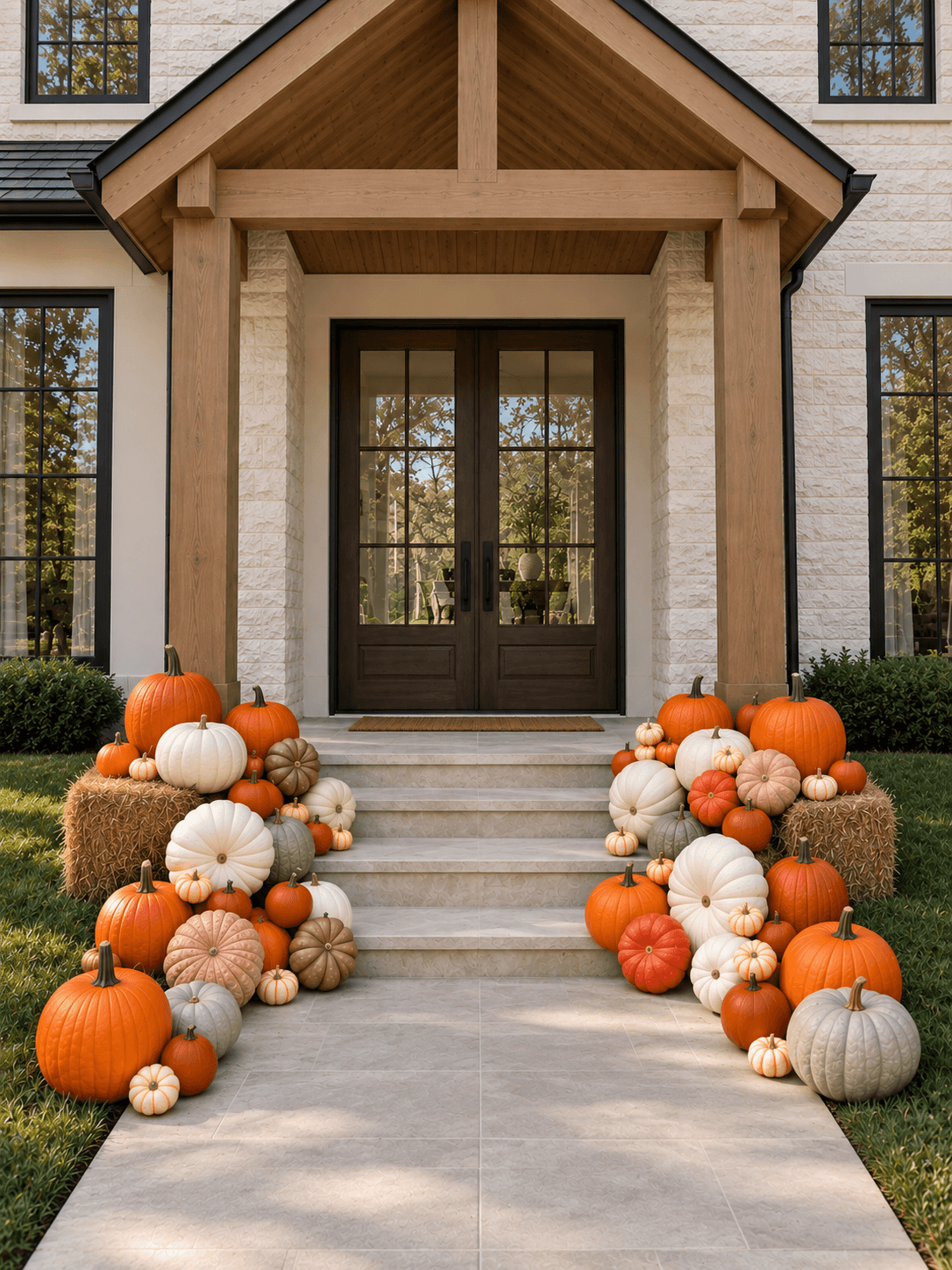 Orange, ivory, blush and sage pumpkins layered on hay bales beside stone steps under a timber entry