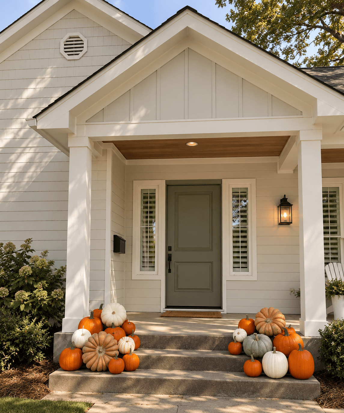Orange, ivory, blush and sage pumpkins beside porch steps beneath a sage door and white siding